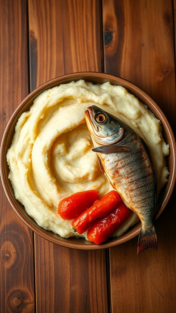 A bowl of mashed ice kenkey with grilled fish and pepper sauce on a rustic table.
